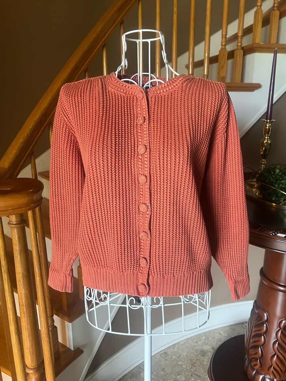 Peruvian Connection Orange 100% Pima Cotton Knit Cardigan Sweater Boho Size L